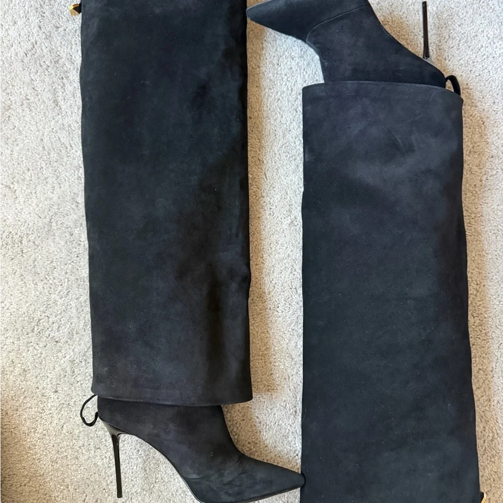Balmain Ariel Black Over-the-Knee Suede Pointed-Toe Stiletto Boots